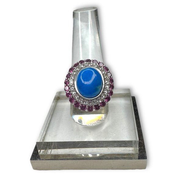Sterling Silver Pink Tourmaline White Spinel Lapis Ring Size 6.25 - Picture 1 of 14